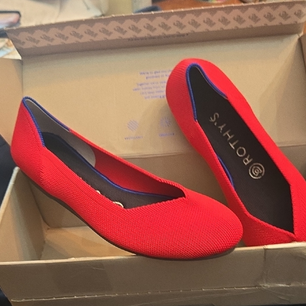 Rothy's Red Knit Flats with Blue Trim